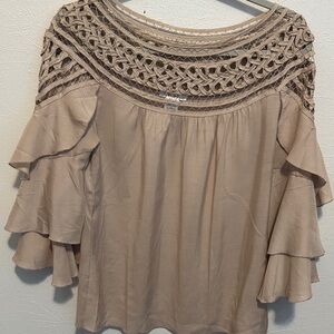 Elegant Tan Women's Top with Crochet Detail